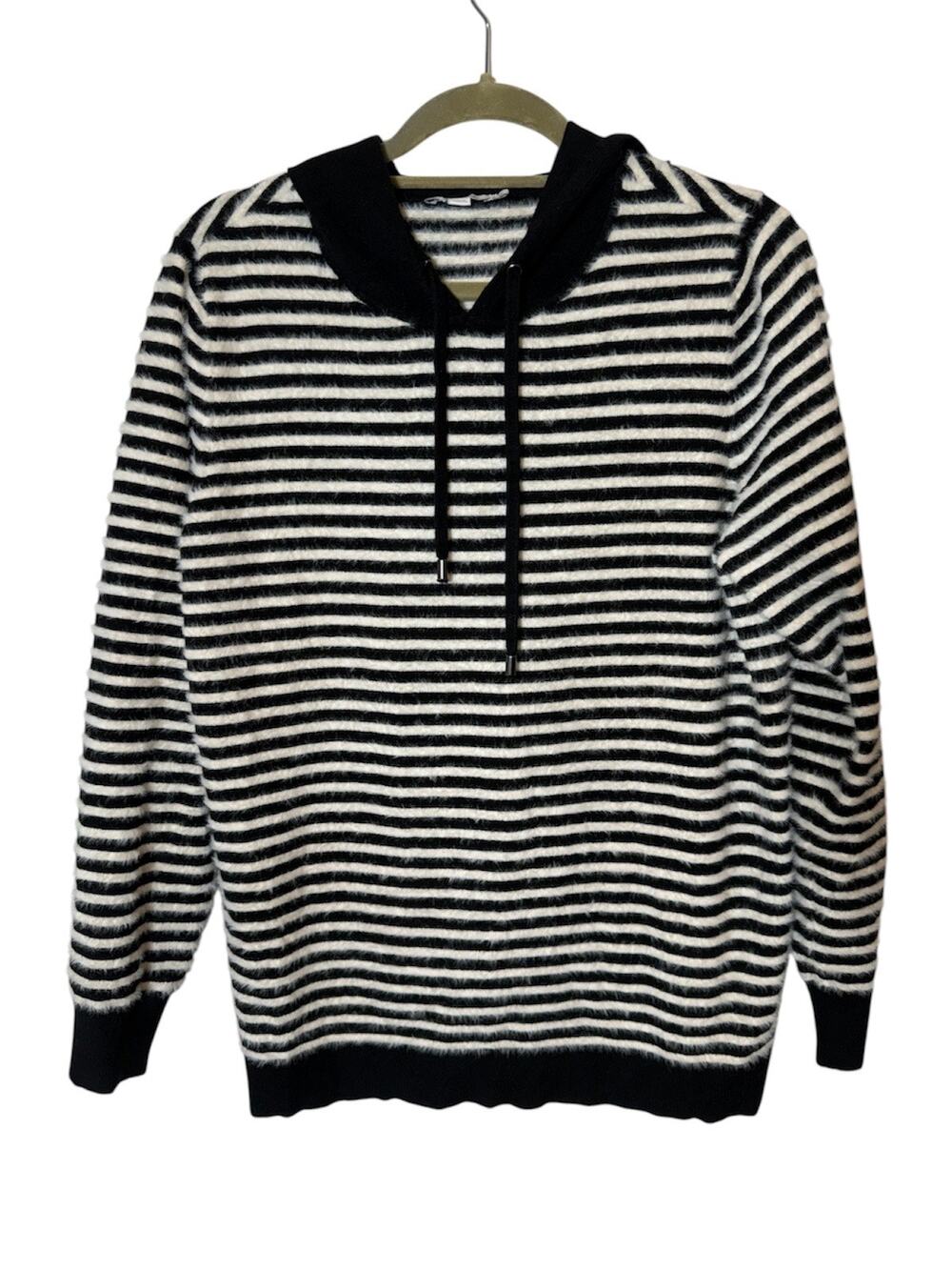 Chicos Sz L 1% Cashmere Eyelash Hooded Sweater Black Ivory Striped Cozy Fall